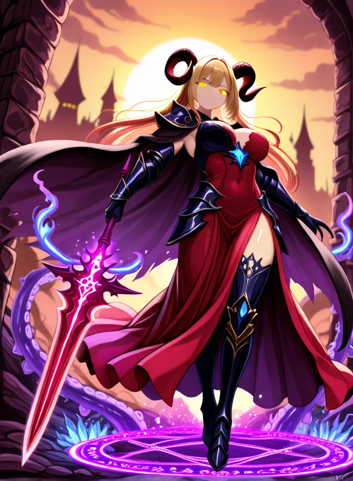 Lora Workflow Description:<br><br>This Lora (Low-Rank Adaptation) workflow focuses on generating a character resembling "Lyra, the Abyssal Blade-Mistress," embodying a powerful, dark fantasy aesthetic.<br><br>Key Elements and Parameters to Target:<br><br>Character Archetype: Demonic/Dark Sorceress, Battle-Mage, or Shadow Knight. Emphasize a strong, dominant, and slightly mysterious presence.<br><br>Hair: Long, flowing golden or light blonde hair, with a hint of red or orange undertones, suggesting a fiery or magical essence. Should have volume and a dynamic flow as if in motion.<br><br>Horns: Prominent, curved, dark (possibly black or deep grey) horns, typical of a succubus or demoness, positioned atop the head.<br><br>Eyes: Glowing, ethereal yellow or orange eyes, lacking discernible pupils, to convey a supernatural or magical nature.<br><br>Armor: Form-fitting, dark (black or deep charcoal) plate armor with glossy highlights, specifically on the shoulders, gauntlets, and greaves. The armor should have sharp, angular designs that blend seamlessly with the fabric.<br><br>Attire: A striking deep red dress or gown, with a ??? revealing one leg. The fabric should appear rich and flowing, contrasting with the hard edges of the armor. A dark, sweeping cape or cloak, possibly with a tattered or ethereal quality, should drape from the shoulders.<br><br>Weapon: A large, two-handed, ornate greatsword or polearm. The blade should be infused with glowing purple energy, emanating magical particles or a dark aura. The design should be intricate and menacing.<br><br>Magic/Aura: A strong emphasis on purple magical effects. This includes a glowing purple runic circle or arcane symbol at the character's feet, purple energy around the weapon, and potentially faint purple mist or lightning in the background. The energy should appear powerful and volatile.<br><br>Environment: A dark, foreboding fantasy setting. This could include ruined gothic architecture, dark stone structures, or a desolate landscape with hints of a distant, shadowy castle or city. The background should suggest a realm of darkness or a magically corrupted land.<br><br>Lighting: Dramatic and atmospheric lighting. Strong highlights on the character, particularly on the glowing elements (eyes, weapon, magic), contrasted with deep shadows to enhance the dark fantasy mood. A twilight or sunset sky with ominous clouds could provide a vibrant backdrop.<br><br>Tentacles/Abyssal Elements: Subtle integration of dark, shadowy tentacles or tendrils emerging from the ground or background, particularly around the magical effects, to reinforce the "Abyssal" theme.<br><br>Prompting Considerations:<br><br>Use tags like dark fantasy, sorceress, demoness, armored, glowing eyes, glowing weapon, magic circle, purple magic, horns, long hair, red dress, black armor, cape.<br><br>Experiment with different levels of detailed, masterpiece, best quality to achieve desired rendering.<br><br>Adjust weight for specific elements (e.g., (glowing purple greatsword:1.3)) to emphasize them.<br>