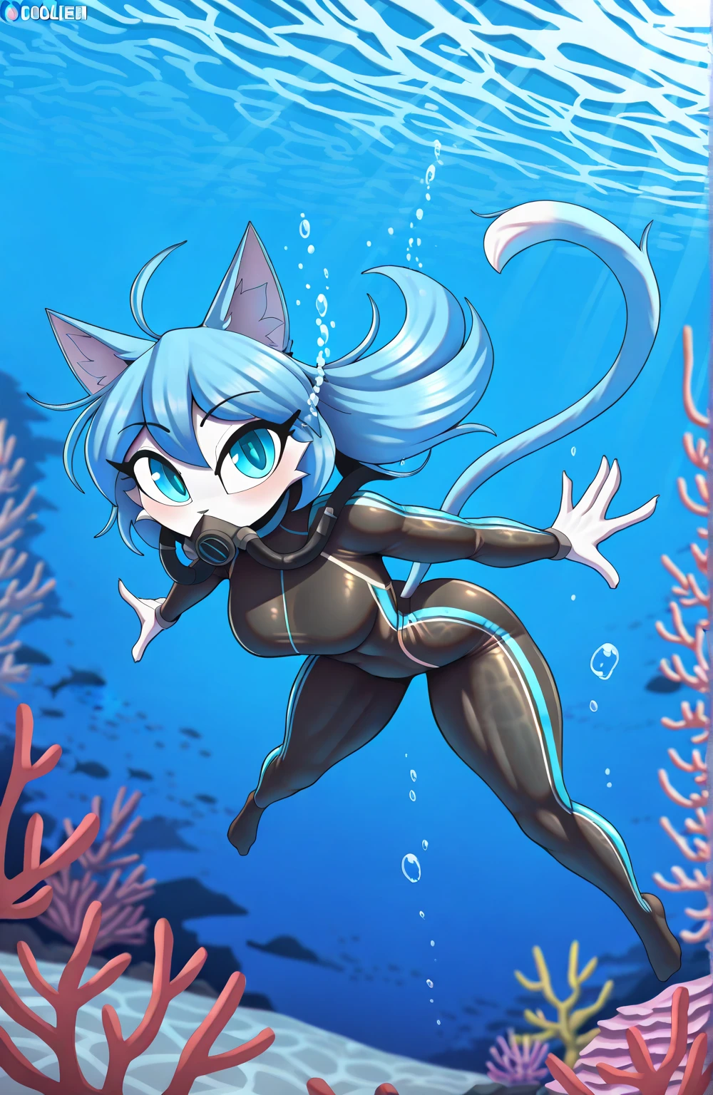 Shark girl, anthro, young, cute hair, long ponytail, two tone hair, blonde hair, pink hair, blue eyes, medium breasts, detailed body, furry ears, shark nose, blue jacket, open clothes, black micro bikini, masterpiece, looking at you, two tone body skin, gray body skin, clear gray body skin, detailed face, detailed eyes, detailed body, perfect lighting, perfect shadows, perfect eyes, perfect hair, perfect face, gorgeous body, ocean, underwater, swiming, detailed hands, glistering body, shiny body, skinny, spectacular effect, goggles, fangs, :3, full body, feets whit three toes, bubbles, under sea,
