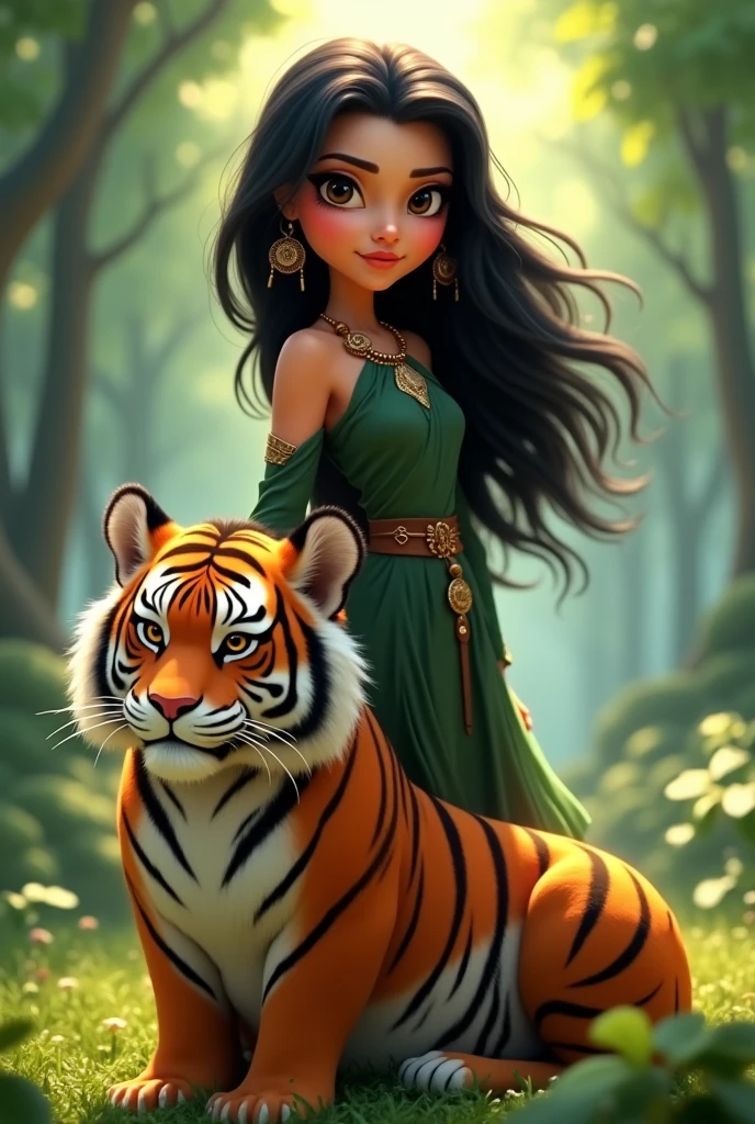 Cinematic cartoon 3d animated multicoloured peacock queen in form of lady wearing peacock features dress and jewellery riding on huge colourful tiger in forest detailed country scenery tree river and mountains,digital art,8k, high resolution