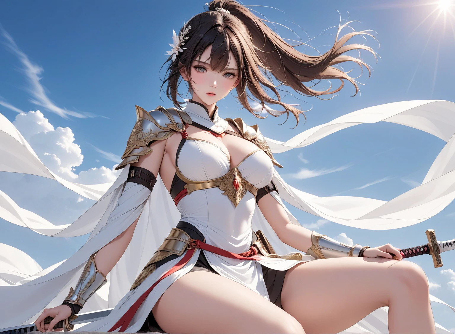 Very beautiful woman、Slender women、(Detailed face)、Realistic Skin、((Holy Knight)), ((Gold and navy platinum armor))、((((Extremely detailed and intricately decorated armor:1.1))))、((Delicate photo)),(Girl Astepeace RAW Photo Details:1.25), (Highest quality:1.6), (Ultra-high resolution:1.5), (Realistic:1.75), 8K resolution, Canon EOS R5, 50mm, Absurd, Very detailed,Cinema Lighting,((Fightfield))、((Fight))、(((White lace ultra-small mini skirt)))、{{{{{Polka dot panties:1.9}}}}},High leg panties:1.2,Thigh-high socks、Shingard、((Light brown hair)), {Floating Hair} ,Long Hair, ponytail,Cape、(((Has a huge weapon)))、(In combat)、The wind is blowing、((Symmetrical armor))、(((Lead a large group of knights:1.2)))、banner、(((Battle Scenes)))、((Browsing Caution:1.2))、(((I can see her panties:1.9))), ((The hem of a skirt fluttering in the wind:1.4)),In a park with a fountain:1.9,