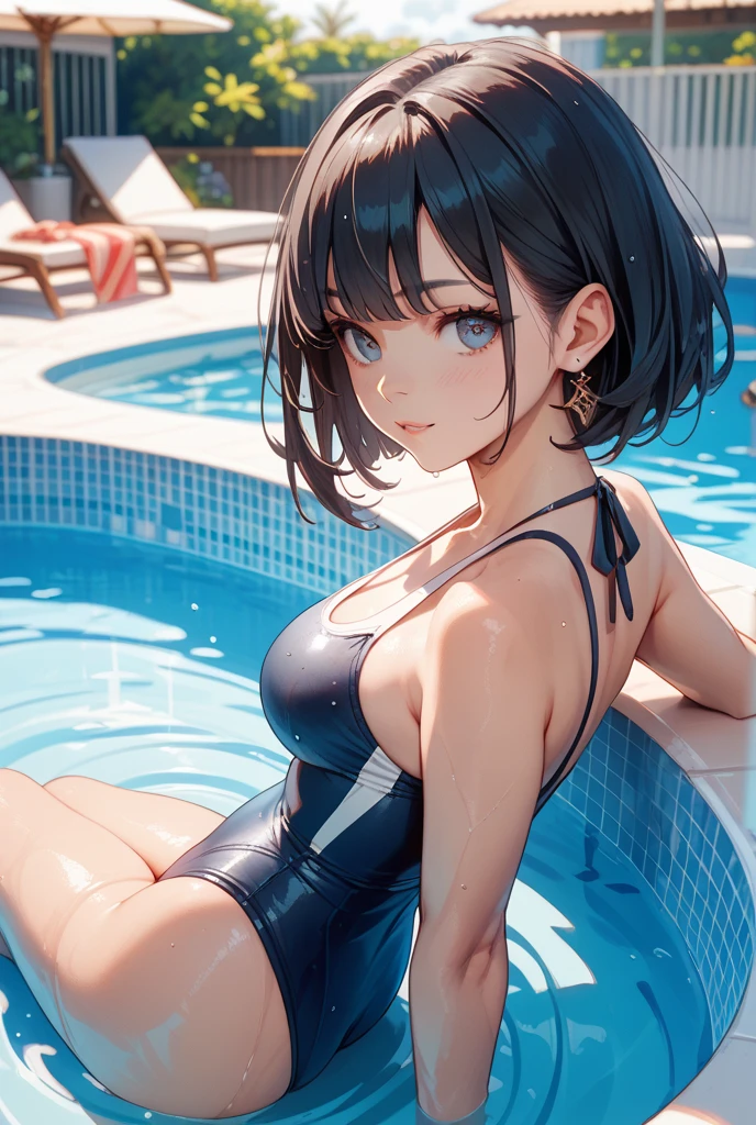 NSFW:1.4、masterpiece、top-quality、hightquality、high-detail、hight resolution、high details、lensflare、Ray traching、high quality texture、high quality shadow、Beautiful in detail、Detailed Detailing、Detailed texture、realistic representation of face、Realistic and colorful、Delicate、Cinematic lights、side lights、foco nítido、(1 adult female:1.3)、(intricate-detail、make - up、pureerosface_v1:0.5)、(Detailed beautiful delicate face、Detailed beautiful delicate eyes、Perfect facial proportions、Detailed skin、enticing、large chest directed upwards、Skinny and skinny)、(Thoracic protrusion:1.4)、(see -through:1.4)、Water wetting、Grabbing the buttocks、Water leakage、swim wears、high legs、Beautiful bangs、poneyTail、arch your spine、Protruding hips、drawing knee up、apart knees、Kneeling、swimming pools、wrist watch、a necklace、piercings