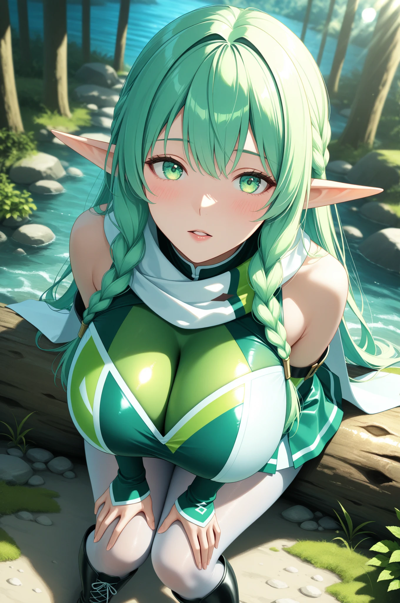 sexy elf girl looking embarrassed and shy, plain white background, she is standing