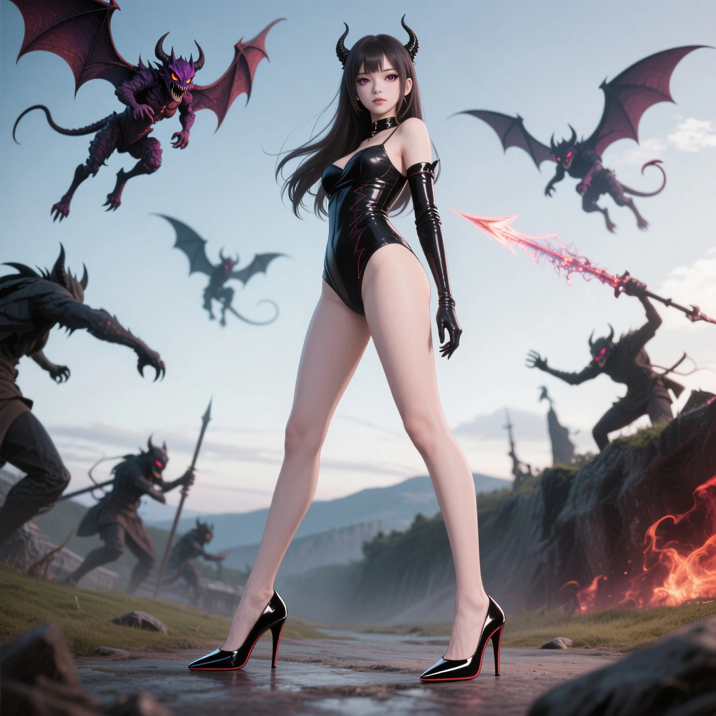 Sexy Asian succubus in the forest，Bigchest，heavy  makeups，feminine charm，long fingernails，bare full body