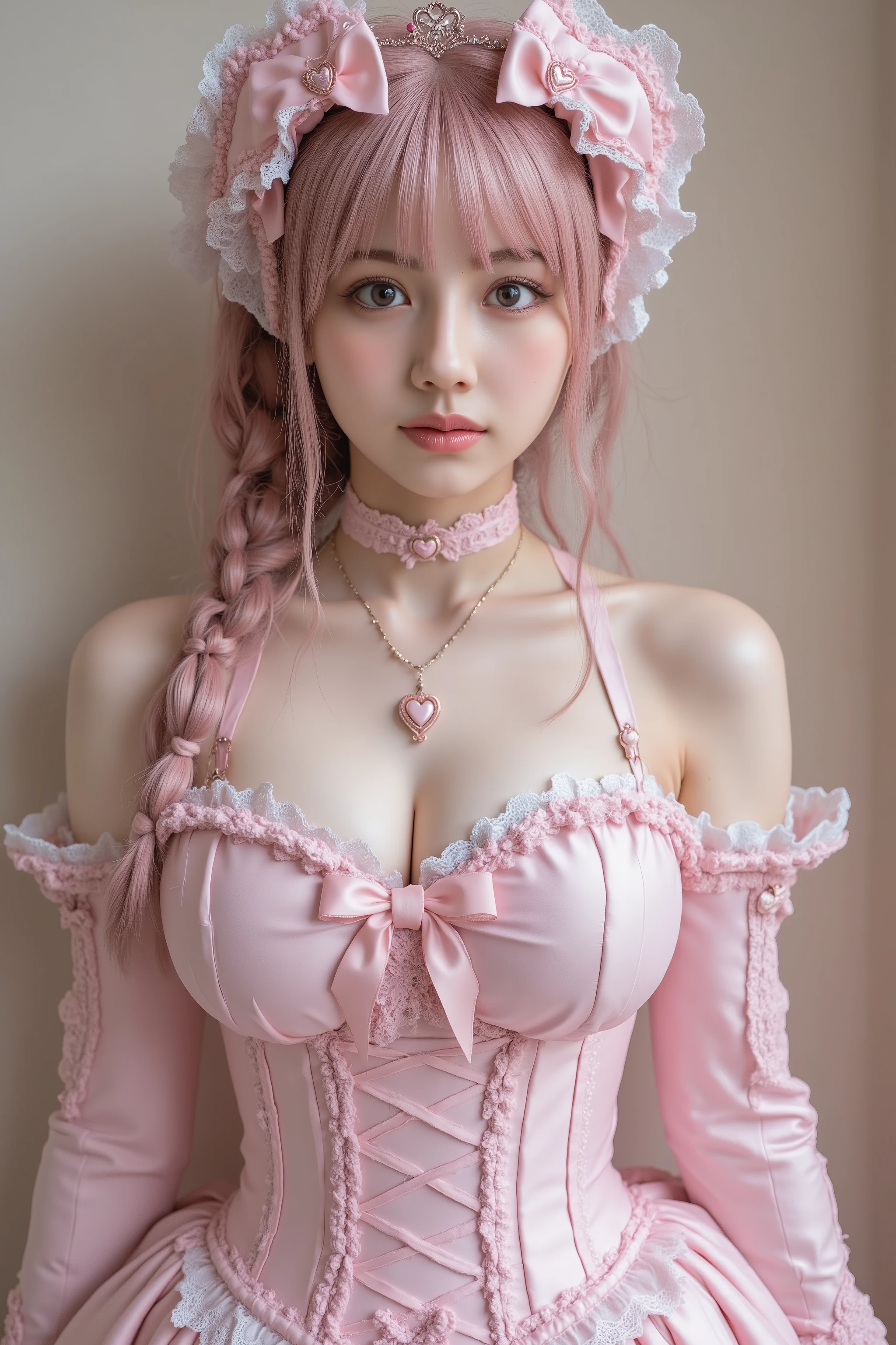 maidennurse、a beauty girl、Colossal tits、Anime Big、Big Lolita、abnormally large breasts、((Lower milk is visible))、胸を押し付け合うa beauty girl2人、((Red and Pink Waitress、Lolita Fashion))、corsets、kawaii、A slight smil、Facing this way、Glossy skin、slenderbody、masutepiece、A detailed、masutepiece、portlate、Raw photo、top-quality、​masterpiece、超A high resolution、(Photorealsitic:1.4)、octan render、8K picture quality、ultrasharp、複雑な装飾用木材の詳細A detailedボディエスビアン、low angles