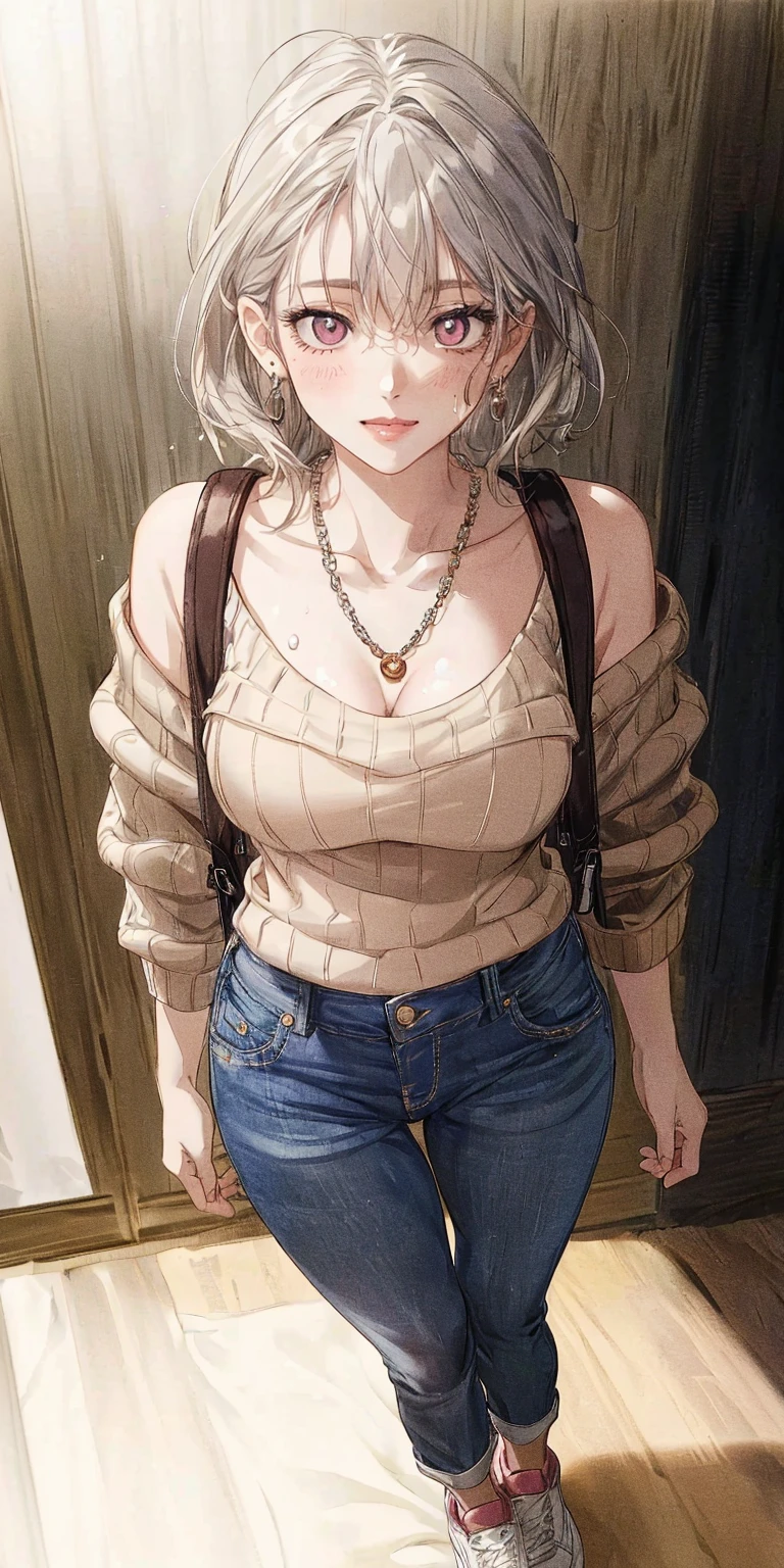 アイスWallenstein, Wallenstein, blonde, Hair between the eyes, hair band, Long Hair, (Yellow Eyes:1.5),happy smile, smile, Shut your mouth.,smile,blush,Bare neck,Heart Necklace,Oversized blue one-shoulder shirt,Short sleeve,Skinny jeans,Stiletto heels,whole bodyがイラストに入るように,Walking,Daytime,Clear skies,　　　　　　　　　　　　　break looking at viewer,whole body, (Cowboy Shot:1. 5)　　　　　　　　　　break outdoors,Building district, 　　　　　　　　　　　break (masterpiece:1.2), Highest quality, High resolution, unity 8k wallpaper, (shape:0.8), (Beautiful and beautiful eyes:1.6), Highly detailed face, Perfect lighting, Extremely detailed CG, (Perfect hands, Perfect Anatomy),