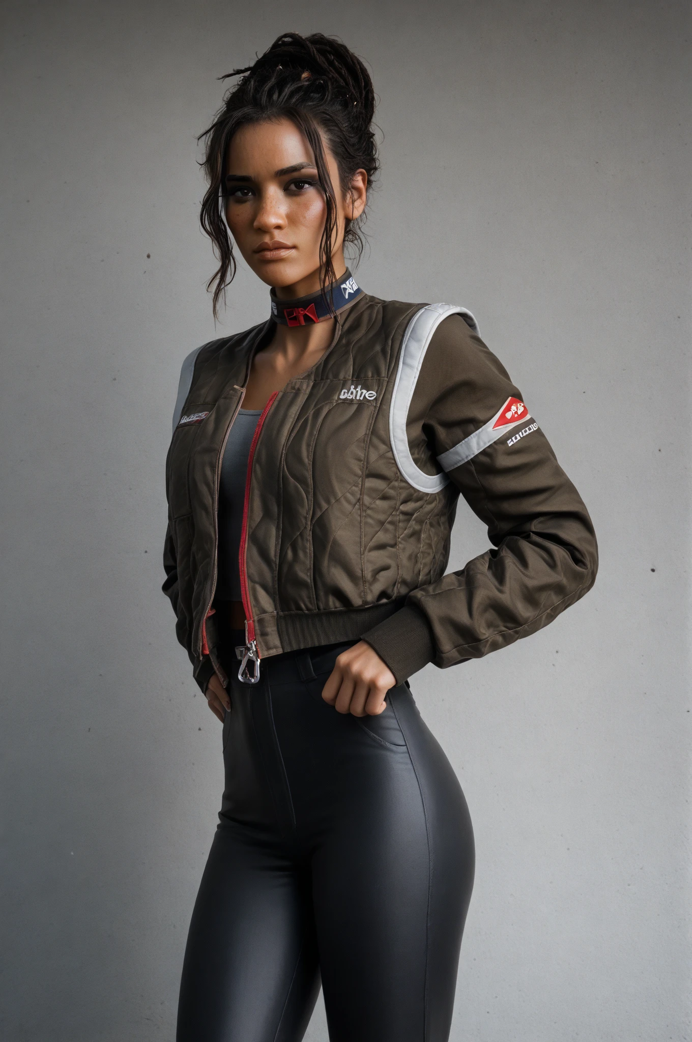 Panam Palmer, Tight Pants and Leggings, real_beauty,realistic、masterpiece、 Highest accuracy 、high quality、 very real 、 Rating 7 .8.  9 up 、middle-aged、dark-haired thick legs、Long legs、thick waist、piercing、red blush, emphasizes the bust line、The most beautiful in the world、bites her lip, freckled face.