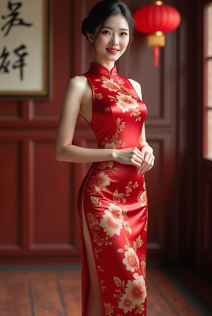 Chinese woman wearing cheongsam，Perfect body，(full-body shot:1) Realistic images, cleavage, thigh, short skirt, sexy, cleavage, thigh, short skirt, sexy