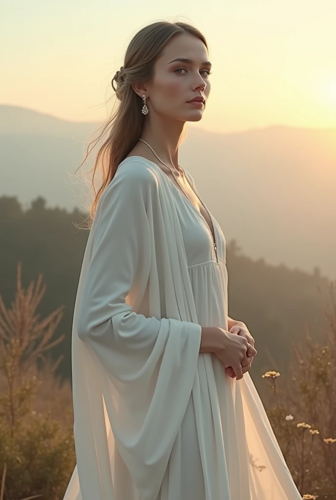 "Create a stunning and elegant portrait of a beautiful woman in a serene, natural setting. She has long, flowing hair that catches the light, with soft waves cascading over her shoulders. Her facial features are gracefully defined, with expressive eyes that reflect warmth and kindness. She is wearing a delicate, flowing dress made of light, ethereal fabric that drapes gracefully around her. The background features a lush garden with blooming flowers, gentle sunlight filtering through the trees, and a tranquil, sparkling stream. The overall atmosphere should be serene and enchanting, highlighting the woman's natural beauty and the harmonious connection with her surroundings."