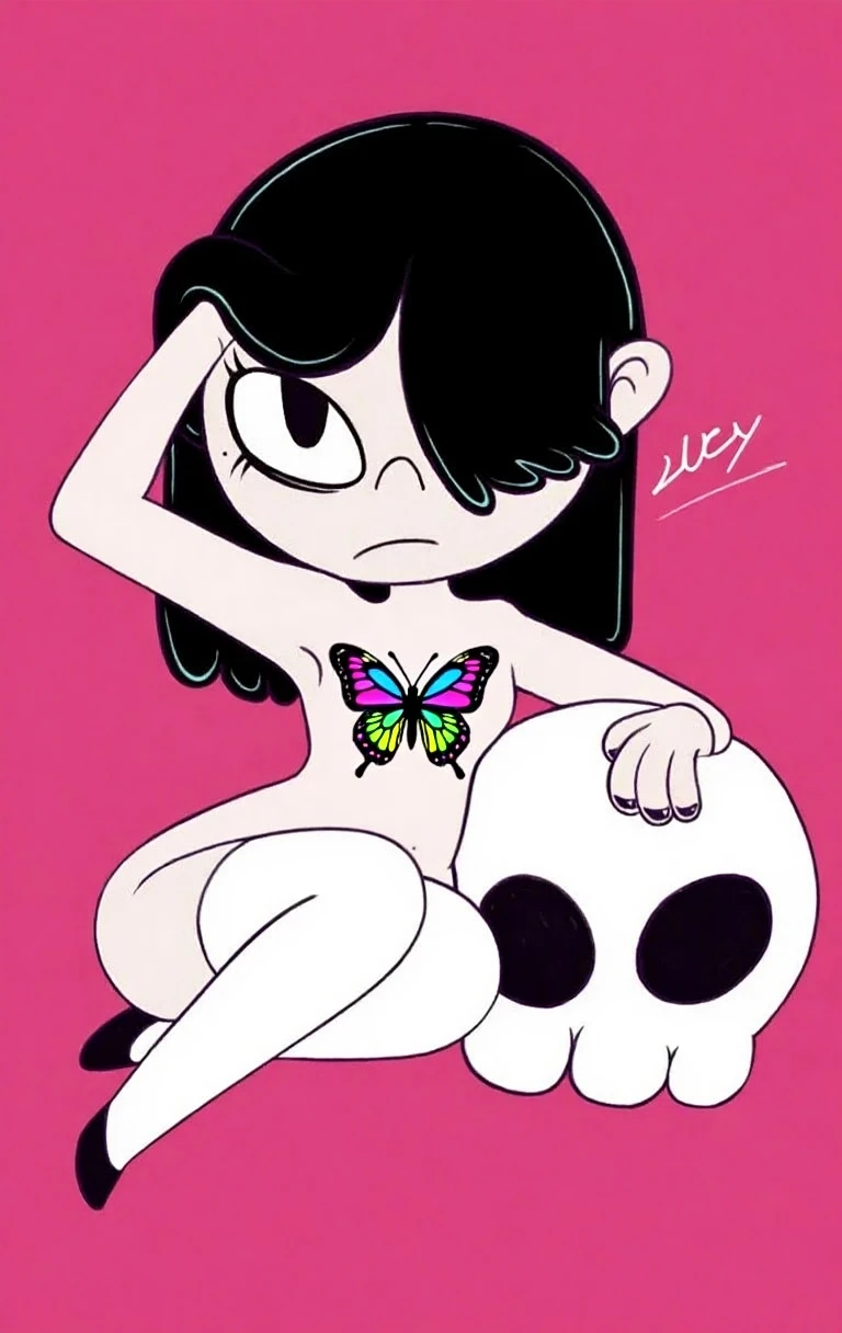 The whole body is purple、Cat Eyes、Sanpakugan gothic makeup、Punk makeup like a rock band、頭にbutterflyの羽が生えている、butterfly々or have tattoos with alien motifs、