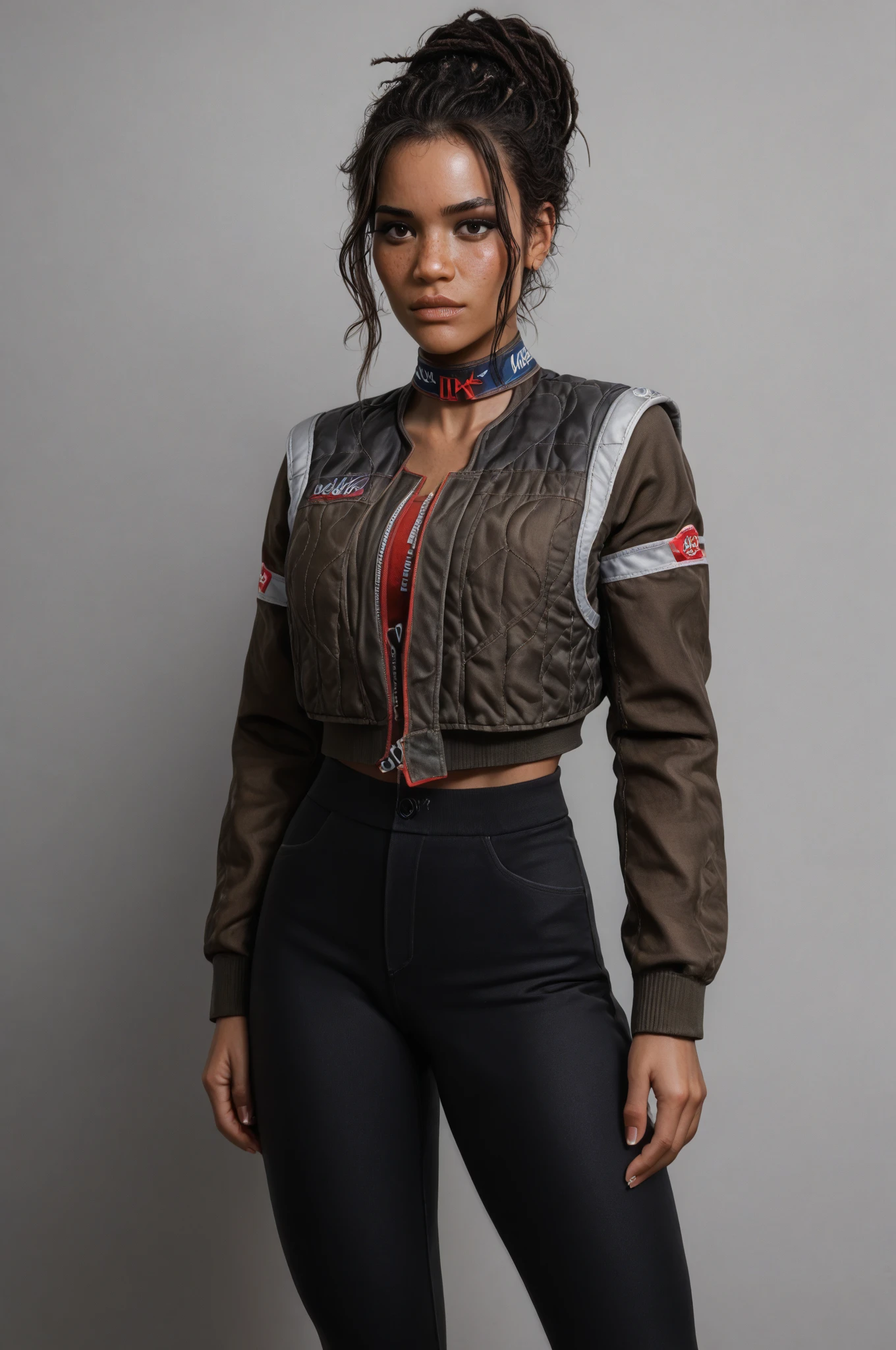 Panam Palmer, Tight Pants and Leggings, real_beauty,realistic、masterpiece、 Highest accuracy 、high quality、 very real 、 Rating 7 .8.  9 up 、middle-aged、dark-haired thick legs、Long legs、thick waist、piercing、red blush, emphasizes the bust line、The most beautiful in the world、bites her lip, freckled face.