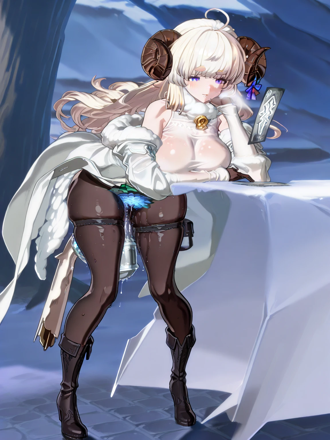 pixiv, detailed by Zackary911, Good Eyes, Pink _Heart_Shaped_Pupils in eyes, small breasts, ((chastity_cage)) , animal bra,realistic , hourglass figure , detailed, sissy femboi wolf, curvy lace_lingerie, Stockings , ((small testicles, sissy clit))) ,feminine body, shemale, leaning on tree , ( snowy mountain background), squatting hand on penis, blush_makeup, eye_makeup, Pleasured_face, Hands_free_ejaculation, Excessive_cum , Oozing_Out