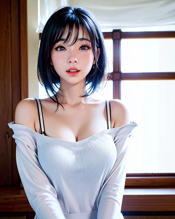 With the best image quality、Teenage girl standing in room。(((Black Hair Bob Hair)))、Cute smile with mouth closed, no top, nude, White camisole、Denim short sleeve pants