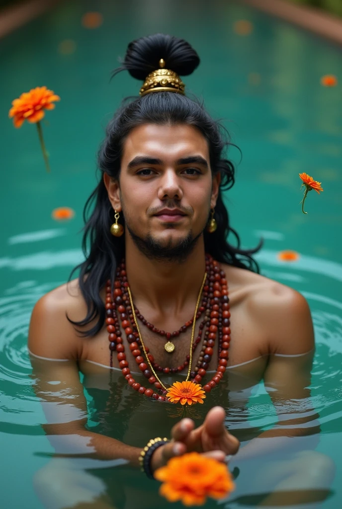 ((high qualiy)), ((high performance)), High definition)), ((4K)), ((fullHD)), ((Amazonian landscape)), Very beautiful merman with brown skin and yellow eyes with white lotus flowers.