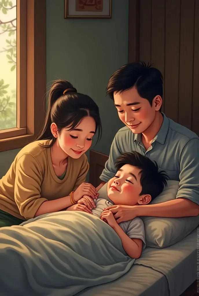 A boy aged 20  setting in village house  taking rest in his home and his parents sitting with him his mother catching his hand giving love to him and father looking with smiling face
