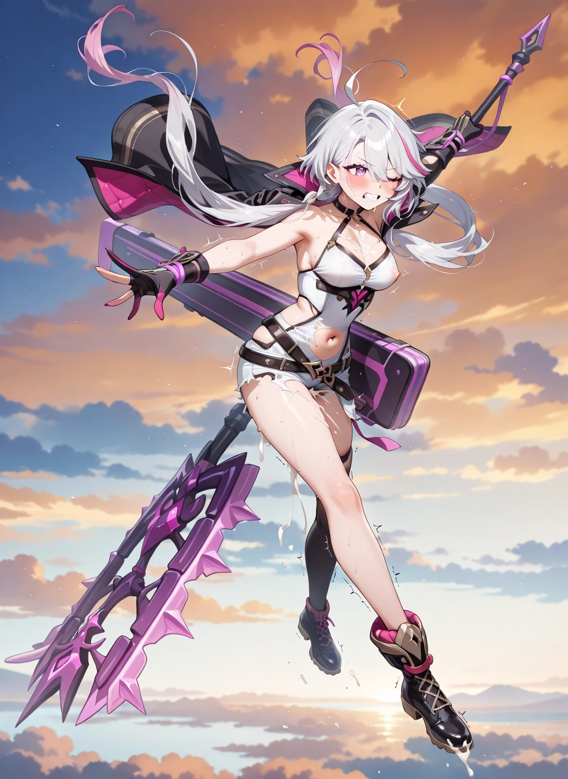 Full body image, woman, Black skin, muscular body, short white curvy hair, sit pose, armor demoniac, black and pink, night and beach background , shining pink, persona 3 style, Japanese writing on the edges with Shangri-La written on the top.