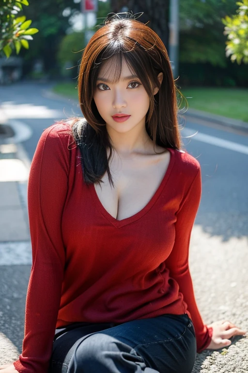 a chinese woman walking in the city, buildings, night, plants,smile, mixed Korean, background blur, focus, professional photography, dynamic angle shot, film grain, bokeh, ray tracing, dynamic lighting, tilt camera, from above shot, lens flare, 
(((masterpiece))), ((best quality)), ((intricate detailed)), ((realistic)), (50mm Sigma f/1.4 ZEISS lens, F1.4, 1/800s, ISO 100, photograpy:1.1), perspective,milf, mature woman, highly detailed, illustration, 1girl, (big breasts), beautiful detailed eyes, long straight hair, bang, dark hair, brown eyes, (casual outfit:1.2), leather jacket, red v_neck_dress, black mini skirt, black choker, earrings, high heels, detailed background, perfect eyes, seductive eyes, looking at the viewer, from front    <lora:odanon-lora-v1-128dim-4ep-novae:0.4>  <lora:danni2D_e536075steps:0.4>  <lora:add_detail:1>