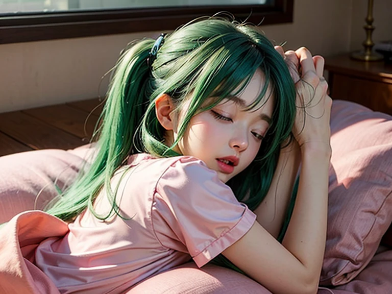 Highest quality,Sleeping Back,Green Hair,ponytail,The face of humiliation,ﾈｸﾀｲｼｬﾂ,Slipping,Check skirt