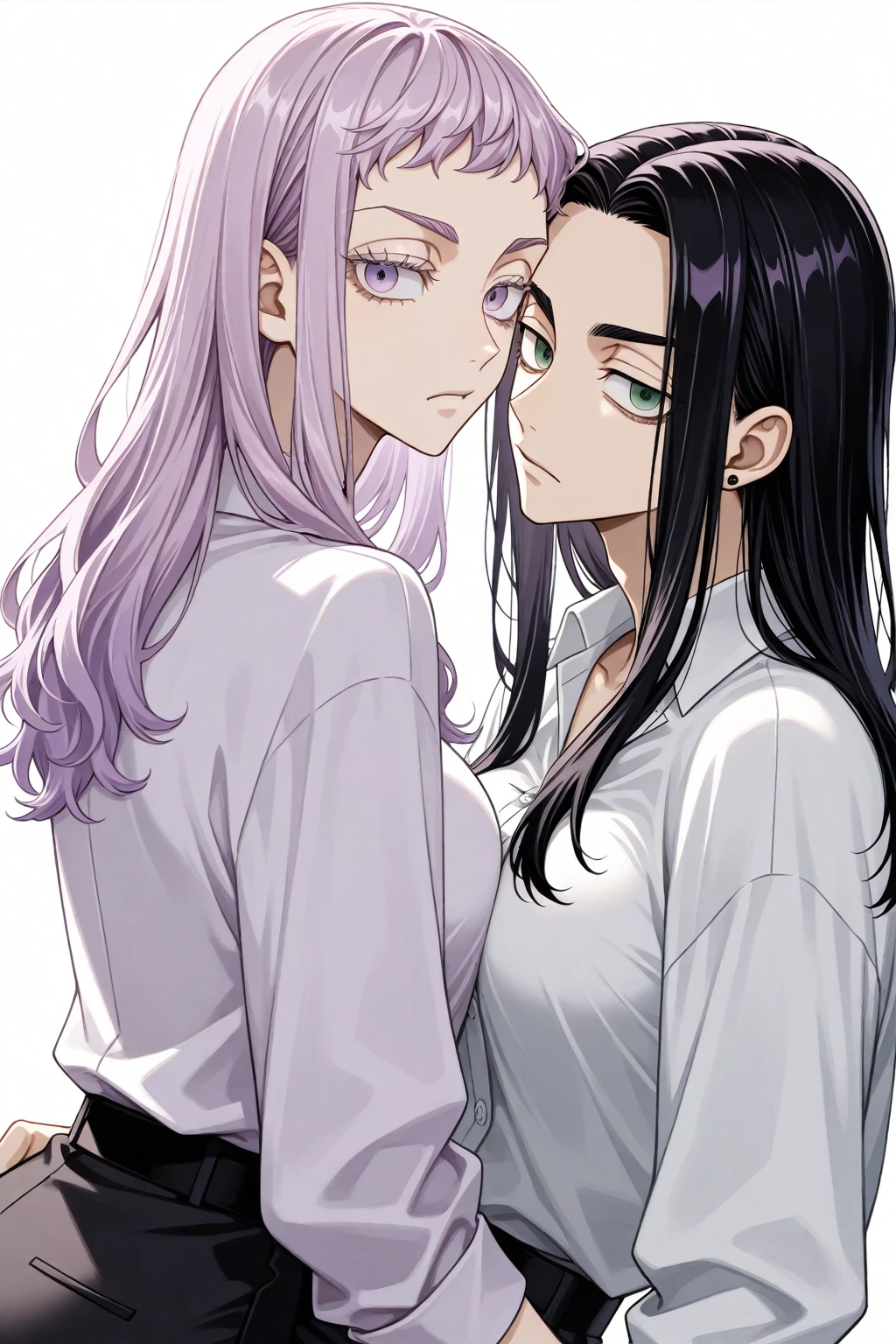 rating_, beautyful woman, gothic, mature woman, tattoos in whole body, slim body, slender body, long sidecut hair, lilac hair, long hair, black lipstick, lesbian , 2 woman, japanese woman, long black hair, slap, motel room, night, , huging, looking one each other