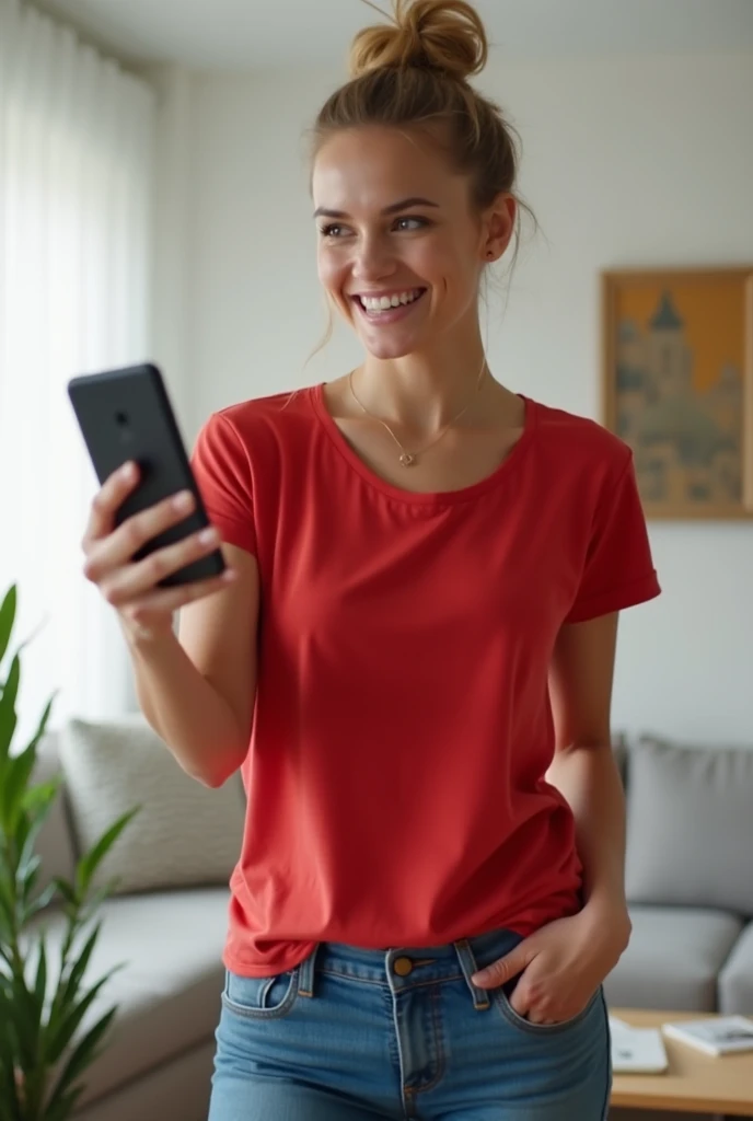 smiling woman with short hair and a yellow shirt holding a cell phone, probably in her 30s, gina heyer-elizabeth erickson-jennifer wuestling-schuyler fisk merged, entire body visible, full body, hyperrealistic, best quality, 8K, masterpiece, extremely intricate, detailed eyes, detailed face, detailed body, exaggerated features, pronounced features, fujifilm