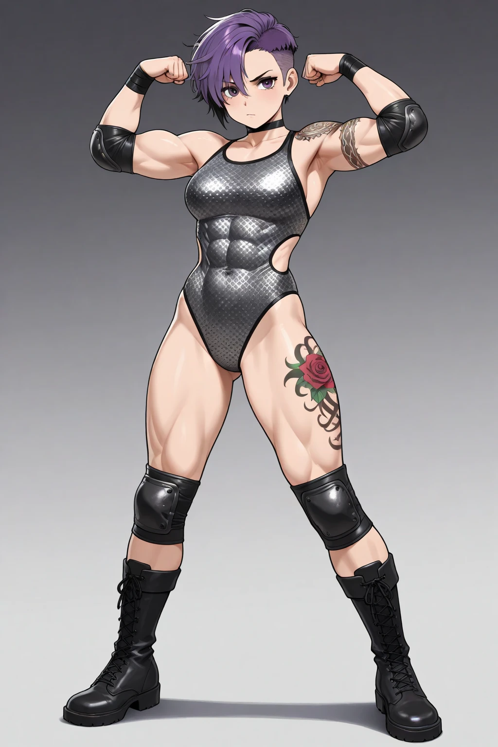 (high resolution, pixel perfect, gorgeous illustrations), (hyper quality, muste piece, etheric: 1.4), ((nsfw)), ((cowboy shot)), face focus, ((1girl)), (boyish, cheeky girl), (((teenage girl))), (hairy_woman), (((((punk))))), hot Rocker punk girl, ((((sexy pose, open stance)))), cool atmosphere, yellow eyes, black hair, ((((punk_hair, very_short_hair, slicked_back_hair)))), (((piercing))), eyelid_piercing, nose_piercing, ((Exquisite face)), ((black_lips)), tattoo, ((((muscular_female)))), (ideal ratio body proportions, slender, small breasts), fighter, (((bitch))), ((china dress)), shiny skin, gleaming skin, simple background,