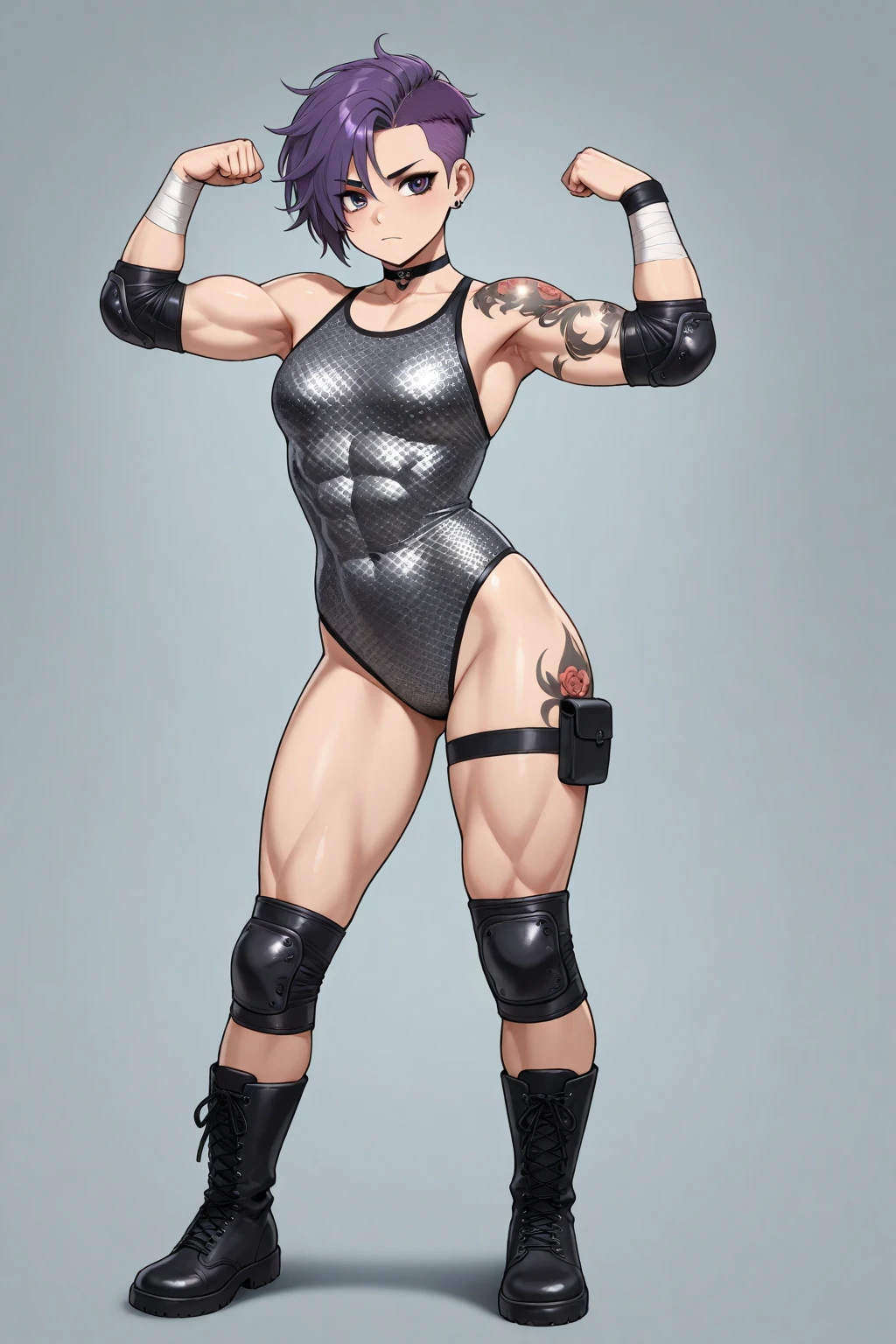(high resolution, pixel perfect, gorgeous illustrations), (hyper quality, muste piece, etheric: 1.4), ((nsfw)), (((cowboy shot))), face focus, ((1girl)), (((Androgynous, boyish))), (((19 years old))), (((((punk))))), hot Rocker punk girl, ((((sexy pose, open stance)))), cool atmosphere, black hair, ((((very_short_hair, slicked_back_hair)))), (((piercing))), eyelid_piercing, nose_piercing, (((Exquisite face, aroused))), blush, tattoo, ((((muscular_female)))), (ideal ratio body proportions, slender, flat chest), fighter, ((dominatrix)), (((highleg_leotard_armor))), (((cameltoe))), sweat, shiny skin, gleaming skin, simple background,