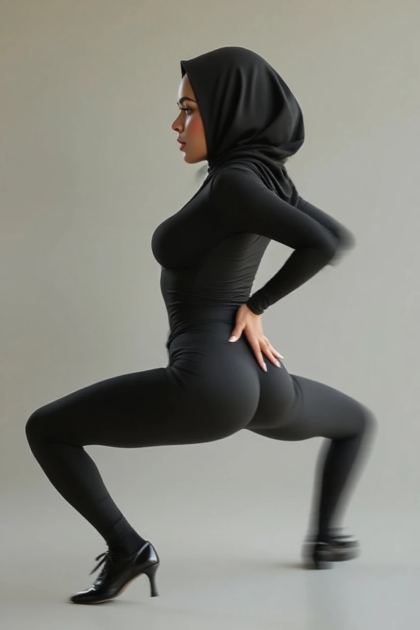 RAW, realistic graphics, realistic textures, Best quality, high resolution, (((Masterpiece))), High-definition, ultra-detailed, ultra-realistic rendering, ultra-hd, realistic body proportions, 1 girl, cute face, short stature, chubby body, curvy hips, fat ass, black hijab, white long sleeve sport tshirt, black sport pants, tied black tshirt around waist, full body view, hand on ass, in gym, detailed gym, nervous facial expressions,