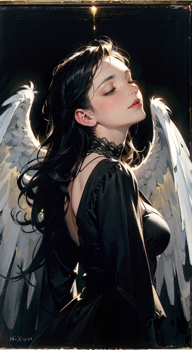 tarot card, Model: long wavy hair, full scarlet dark lips, Smoky eyes, BREAK,, Broken glass, crystals, neon lights, BREAK, Polychromatic geometric patterns,Heart, Arms and legs, BREAK, Accessories: Chrome-plated chains with torn body, Silver Choker, black feathered white black wings, Naked, Topless, naked body,BREAK,on chair, looking forward. tmasterpiece, Masterpiece quality