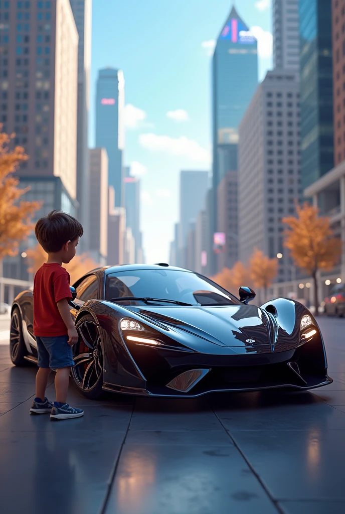 A boy sitting on the Lamborghini