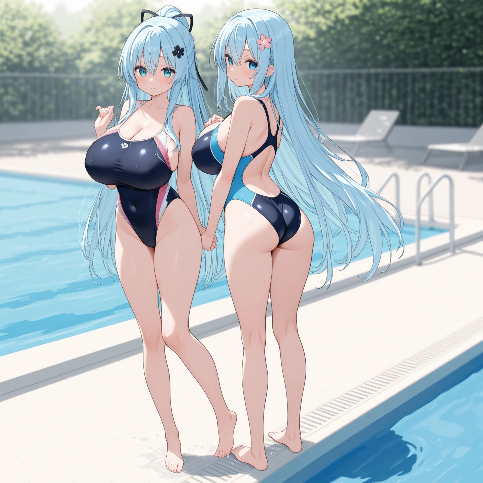 (masterpiece, best quality, 8k wallpaper:1.2 ), ultra detailed, absurdres, highres, long blue-green twintail hair, (hatsune miku:1.3), 17 yo, (2 girls), high school student, short legs, short arms, petit, being stumpy, (bend over forwards deeply from facing below), ((1girl)), (large breasts), (((glossy slippy smooth texture {blue|black} one-piece japanese school swimsuit:1.3))), ((merciful motherhood kind smile)), (looking at viewer), lower body, close up butt, too sweaty body, silky skin, beautiful eyes, long hair flowing with the wind, beautiful smile line, big blue eyes, shiny hair, beautiful detailed eyes, beautiful detailed skin, beautiful detailed clothes, hand on hip, head tilt:1.2, (large breasts), troubled eyebrows, framed double breasts, under bust, too wet skin, too wet clothes, glossy skin, glossy clothes, skindentation, skin tight, thick tight, Calm stream, portrait, bend forwards deeply, (large breasts), cute face, kawaii, peeping shot from facing below, peeping dripping, open legs, spread legs, squatting, knees stand up, realistic, realism, photorealistic, (((A lot of waterfall yellow sweat is flowing from the crotch))), girls sandwich, ((2 girls close to the center nearby)), ((reach out to the viewer:1.2)), both inner thighs, loli child, child girl, framed teat, cleavage:1.2, sweaty cleavage