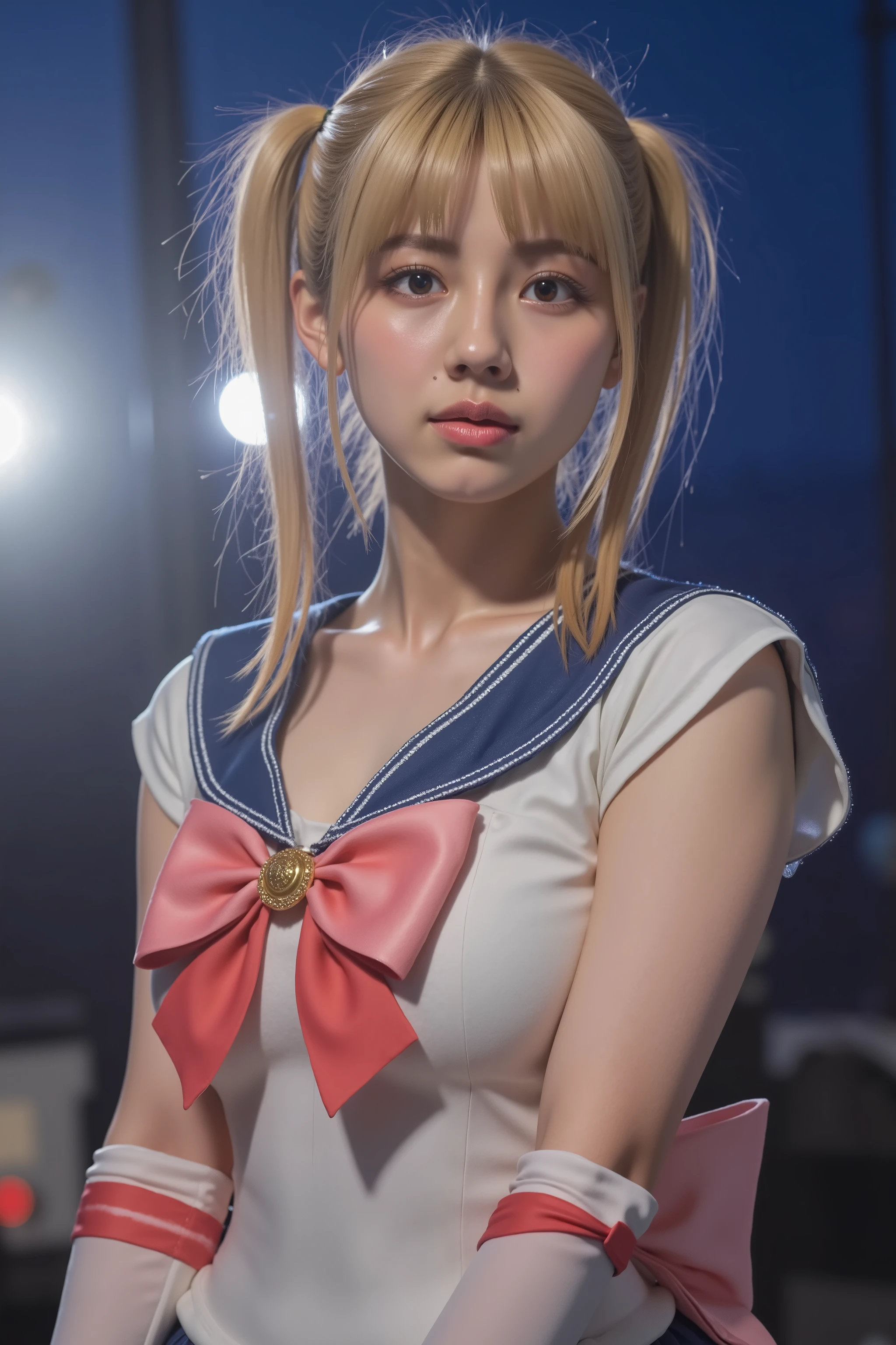 32k, (masterpiece:1.2, Highest quality, Ultra-high resolution, Super detailed), top quality, cute girl, fair skin, neutral expression, 
sharp focus, blurred background, looking at viewer, ((A girl wearing a sailor moon costume.)), 
BREAK

1girl, (beautiful girl, delicate girl: 1.3), detailed face, blonde hair, twintails, 
(girl is lit by spot light), divine light, 
very fine grain definition, (symmetrical eyes: 1.3),
medium breasts, black eyes, (eye and face detail, focus on face),
theater stage, Spotlight and smoke effects