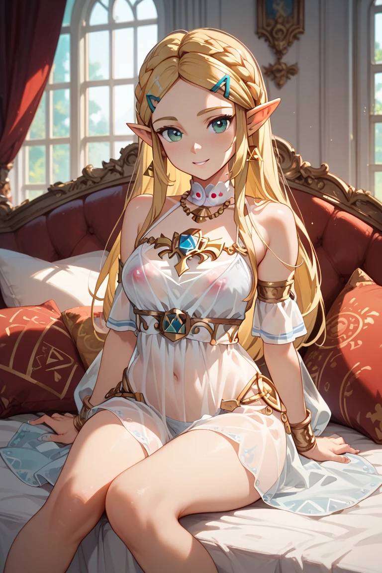 Beautiful blonde Zelda with long wavy hair very sexy and very, very big , huge and alone with an erotic costume, castle room, luxury princess room, sitting on the edge of the bed