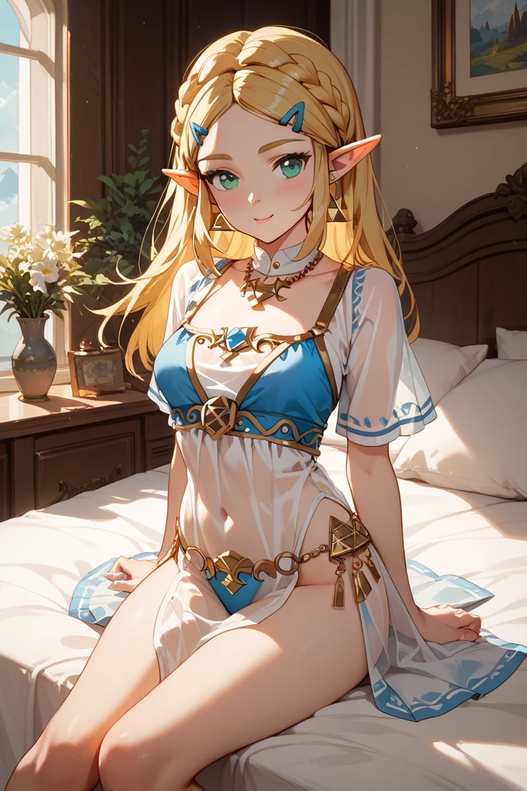 1 girl, Princess Zelda, blonde hair, blue eyes, (extremely long hair), (frilly), gentle, gentle light, soft, soft light, delicate, smile, jewelry, frills, dripping, cum, vagina, small breasts, garter belt, filigree, exposed breasts, eye shadow, blue petticoat