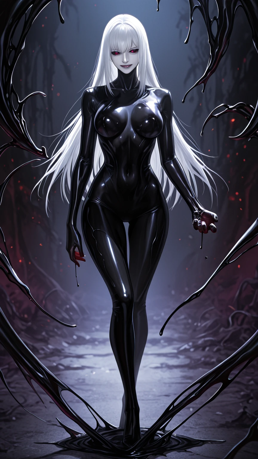 bs, solo, simple background, monochrome, full body, greyscale, bodysuit, black background, 1other, monster, arms at sides, horror (theme) there is a large-breasted woman in the picture with her arms torn off and her face bleeding, ravens flying in the background, stocking, hot lingerie, big boobies, red paint splatted on it, white hair