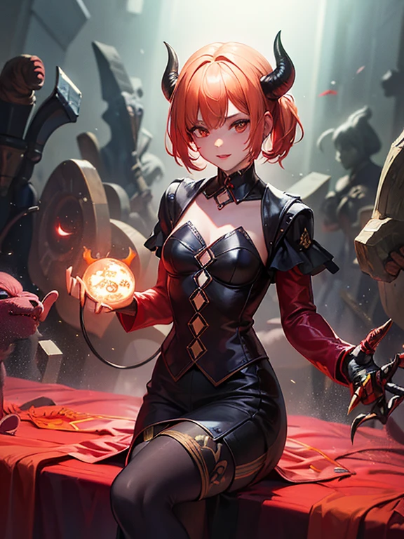 (masterpiece, top quality, best quality, official art, beautiful and aesthetic:1.2), Extreme detailed, 2 Sexy Demon, 1 girl, large breasts,, (very long horns:1.6), flames around, glowing body, sexy, sexy body, Colorful, Highest detailed, Cold light, ((short hair))