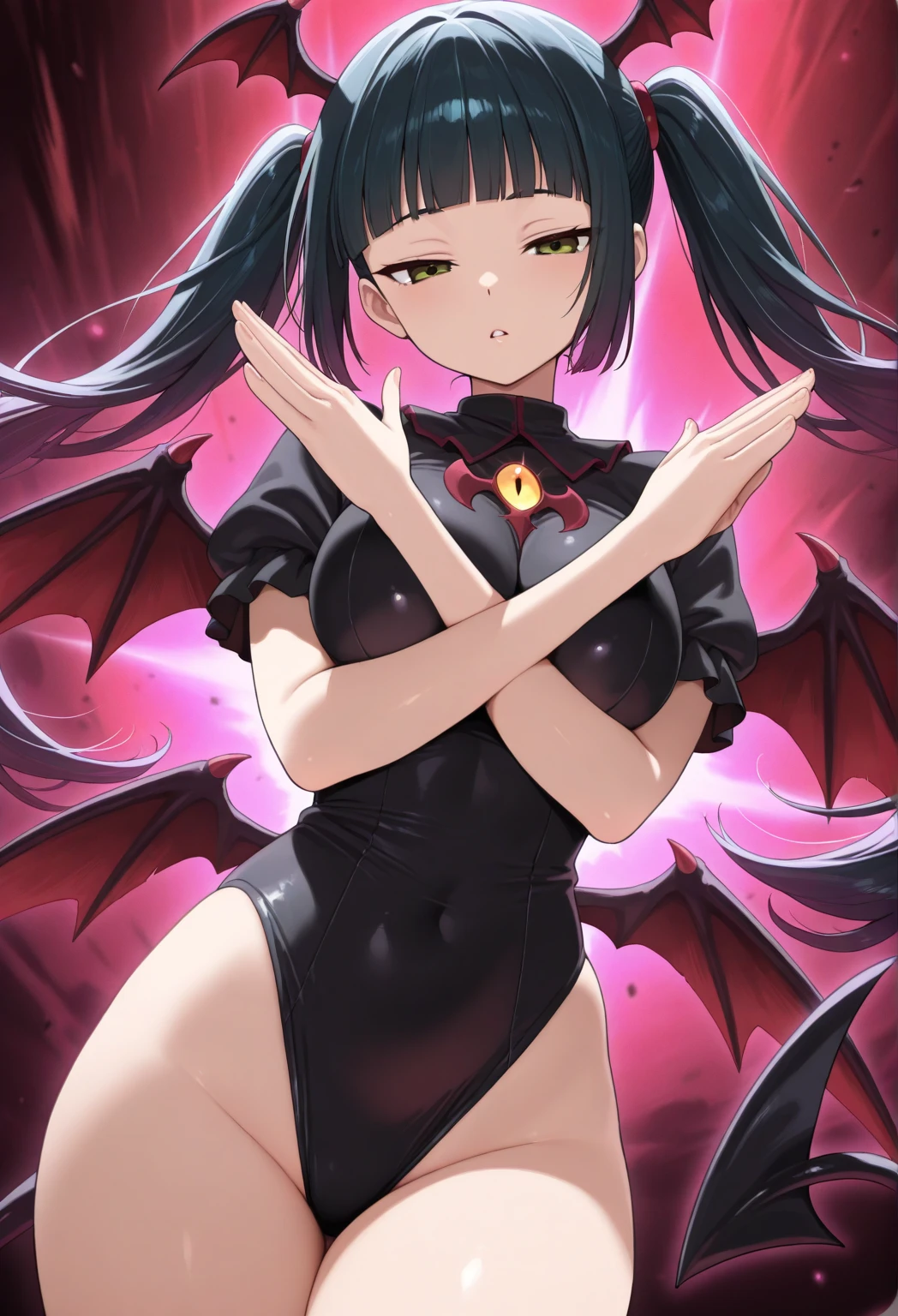 tachi-e, Game CG, Extremely detailed and realistic CG, colorful, masterpiece, Highest quality, Jewel-like eyes, One girl, alone, Black Hair, Shiny Hair, Straight long hair, Very long twin tails, thin, thin脚, Succubus Girl,Succubus Luxury Dress, mini skirt, Succubus Boots, Aqua blue eyes, Flat Chest, black elbow gloves, latex, Grin, smile, Juru, Half-closed eyes, tsurime, Simple Background, From a viewpoint, Highest qualityの目, Sharp teeth, Tsundere, Are standing, Contrasting, Hands on hips, (Shiny skin:1.0), Succubus feathers, Succubus tail, mesugaki, teasing, Conceit, pretty girl, , Open your mouth, tooth, Sticking out tongue, Pointed Ears, Pink Heart Tattoo, (Sharp focus:1.2), thin腕, thin脚, overview, Evil Female Executive Succubus, (邪悪なsmile:1.1), ,,Dark shadowed face,サディスティックなsmile,Malice,Contempt,smile,latex,Bad face,,,two hands,two legs,five fingers,evil background,elbow gloves,latex, Wicked Smile, devilish aura (Shiny fabric:1.5),Dark world background,独奏,feet,Black mog from hand,超光沢のある黒のlatex