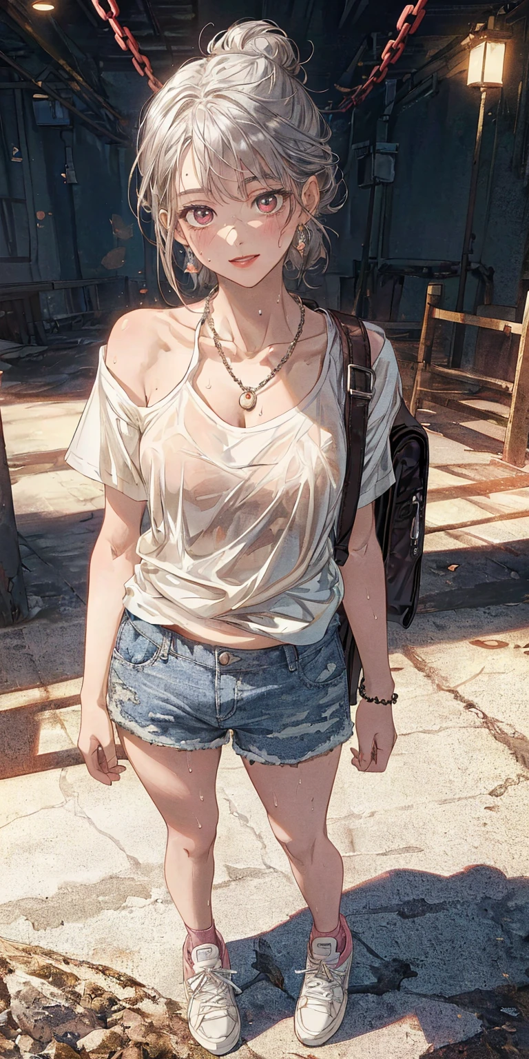 masterpiece, top quality,girl has sex with boy,young girl, Coffee eyes, pink, braided hairstyles,worried _face,shiny skin,big breasts,nice leg line:1.3,thick thighs, thin waist,, white_up button_shirt, denim_cut off, With strap_sandals, crossbody_bag, layered_necklace, Cityscape,I look at the viewer,earlier,Upper body、Two dimensional beautiful girl、big breasts、Sexy look、
