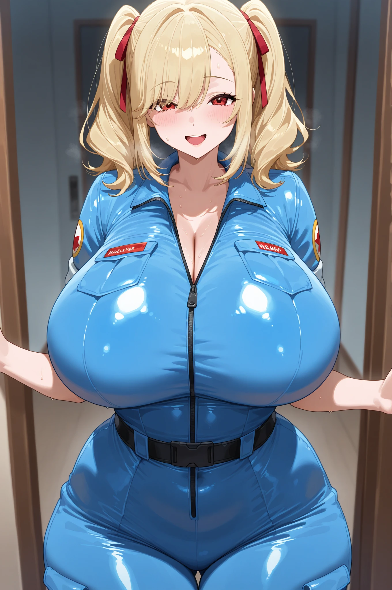 (Best Quality:1.5, High resolution, HD, 4k, detailed lighting, Shaders, perfect hand anatomy), straight blonde hair, busty, nurse costume, neckline, thighs, smiling, to throw, shooting they seek, standing, Hospital history