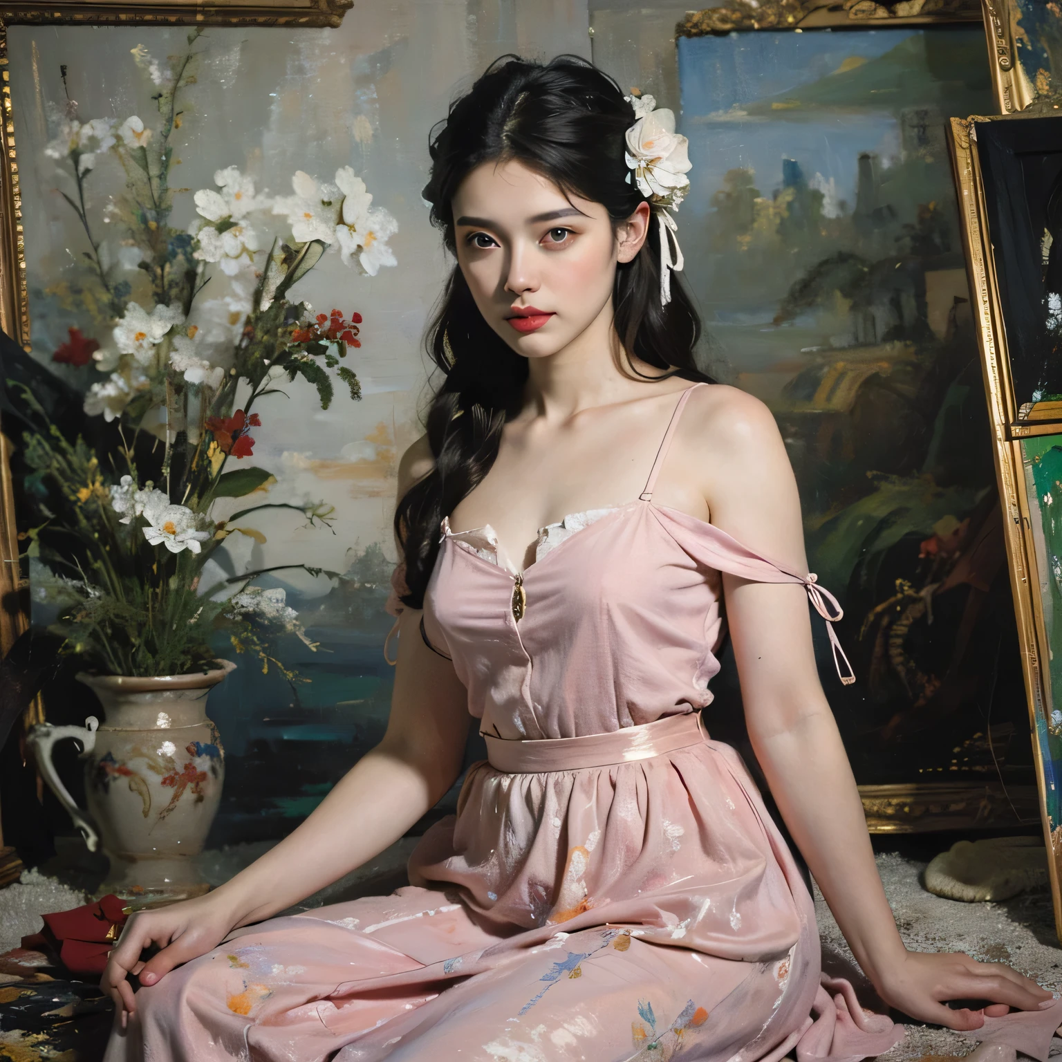 (masterpiece, top quality, best quality, official art, beautiful and aesthetic_1.2),1girl,(side_1.1),extreme detailed, A girl sitting on a chair with a rose floral scene all around her, Coffee brown shoulder length hair, sparkling eyes with depth, red lips, a laurel wreath, flower earrings, a royal silver necklace, a peach colored dress with many royal floral details, 4k character, character details,