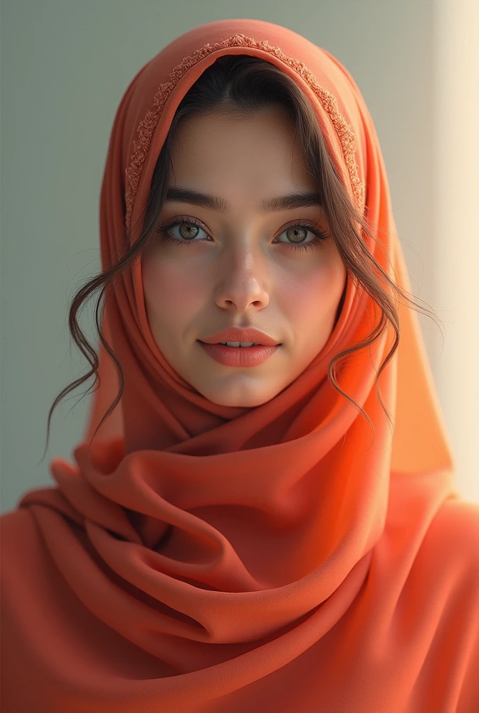 Orange hijab girl with very bright face and beutiful eyes with blue colour and long eye liner and big breast size and nipples are showing blurry 