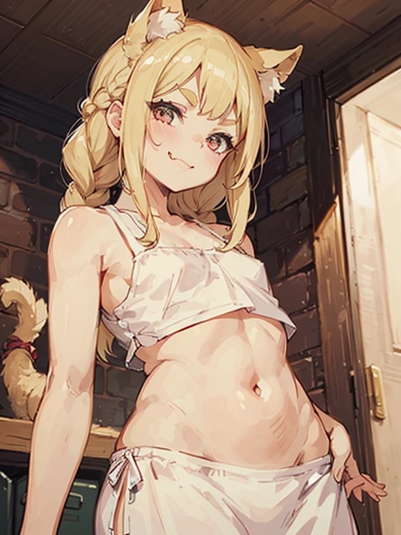 (masterpiece), best quality, expressive eyes, perfect face, 
Blonde, blonde hair, long hair, expressive eyes, perfect face, loli, loli face,mesugaki,little bastard, petite, loli, ,little girl,loli,petite body,short girl,medium breasts, medium boobs, small body, red eyes, standing, midriff, freckles, ((naughty_face, naughty smile, sharp eyes)), twintails, long hair, large ass
