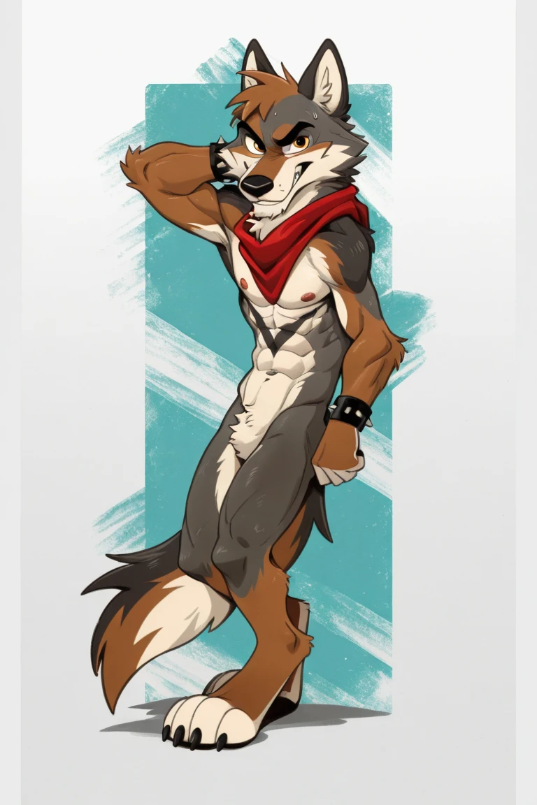 close up, upper body POV, bust, furry, anthro, red fox, long pointed fox ears, fluffy fox tail, ((orange,white and brown fur)), long fluffy mohawk, black hair, messy fur, razor sharp teeth, ((black sclera, yellow pupils)), slim body, handsome, sexy, slender, well built, ((wearing a shirtless cowboy outfit, red neckerchief, cowboy hat, holstered gun)), pawpads, pink pawpads, wild west background, ((best quality, 4K, UHD, masterpiece, NSFW)), alone, smiling, hands on hips, looking down at viewer, side eye, 