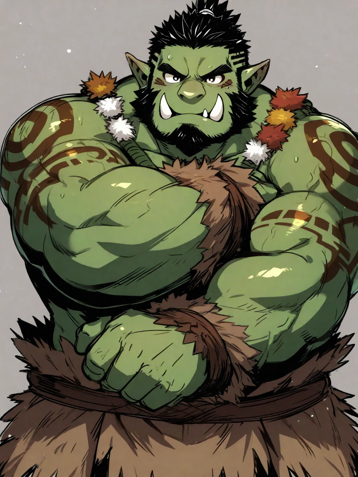 Solo, male (((orc, muscular, green body, black hair, braids, loincloth))) standing, full body, perfect anatomy, by darkgem, by mystikfox61, by glitter trap boy