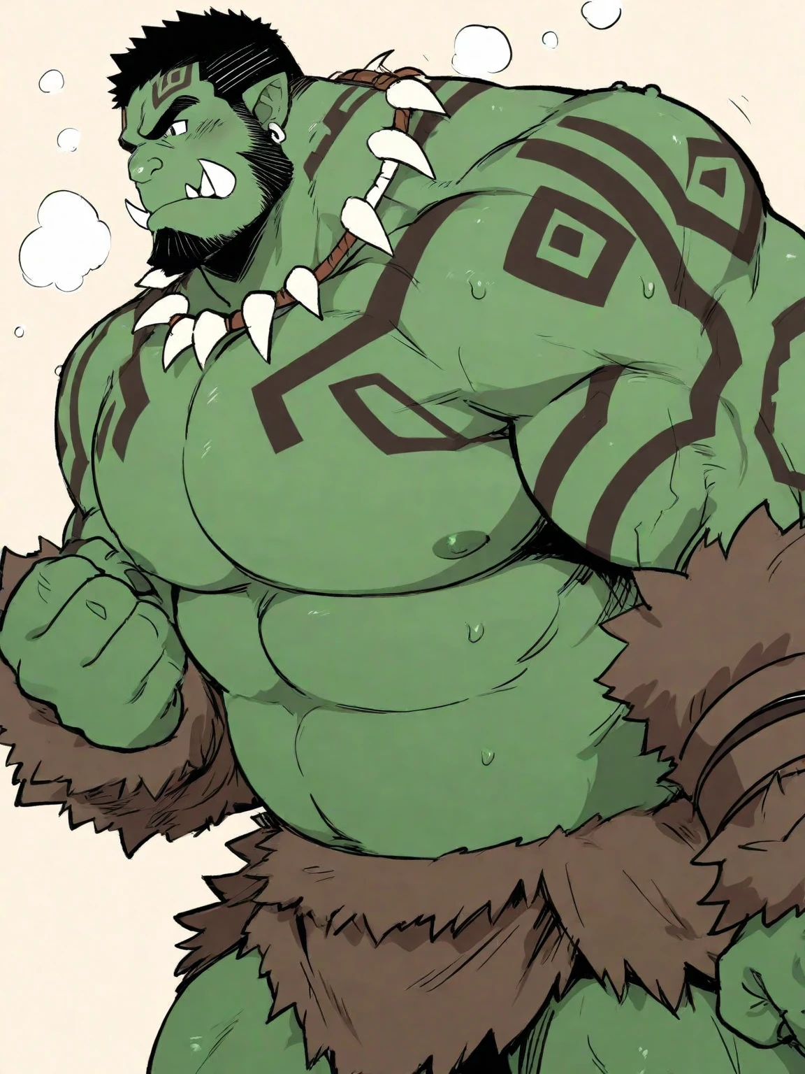 Tiger Orc，serious，the strong，Plush body，Fluffy tail（best quality）（Black scar），Black loincloth，（Topless）
