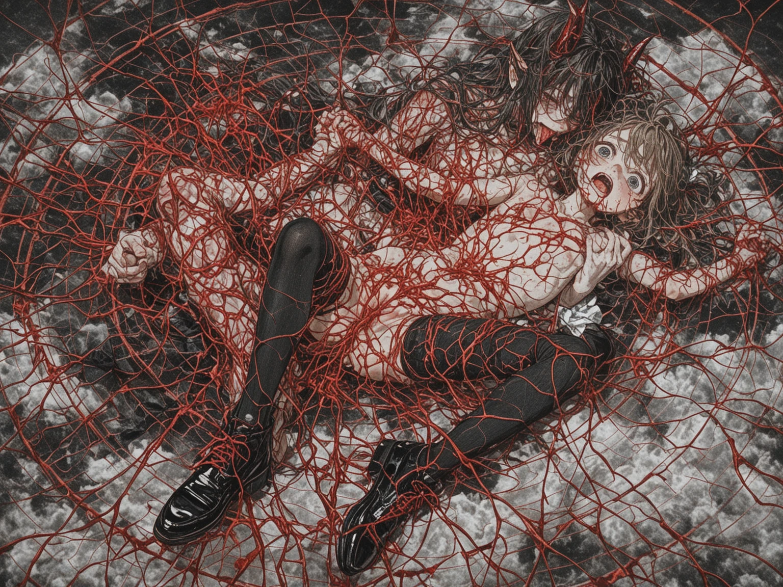 (masterpiece),(best quality), extremely delicate and beautiful, illustration,
1girl ,completely nude, ass, back, long hair, black hair, red highlights, messy hair,
dogeza , folded clothes, weapons, bra,boots, thighhighs,
background is a classroom, students, crowd,
<lora:ConceptDogeza_v10:.91>