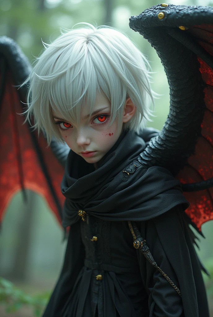 Boy with white hair and black eyes with black wings, with horns forward