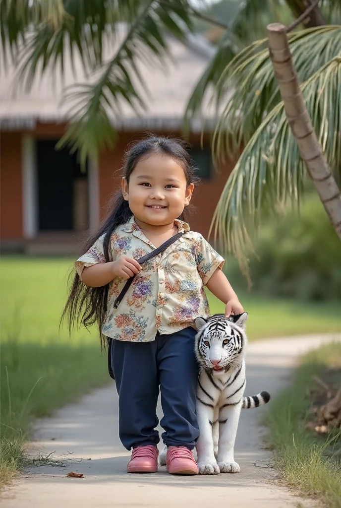 A cute little girl wearing a white T-shirt  holding a tiger in the dense woods. The sky  blue.