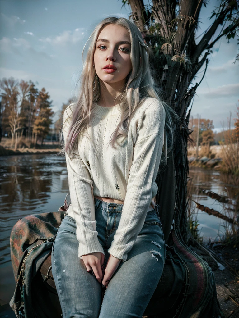 a woman with long red-tinged silver hair, shirt sitting on a wooden bench, One side of his face seemed to have a circular saw stuck into it. And bleeding