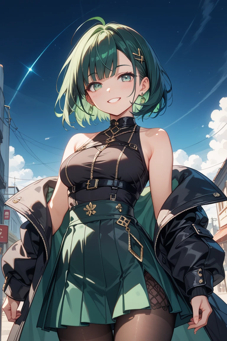Full body、I have a smartphone、Green Hair、Bun Hair、Night sky background high resolution model, Crystal Earrings, One girl, Are crying, I want to cry, Sparkling eyes,