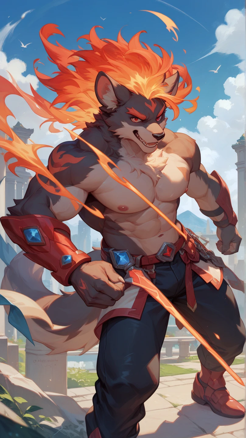 4k, ,8K, A high resolution, best quality, perfect colors, perfect shadows, perfect lighting, posted on e621, (by Chunie, by canyne khai, by t.y.starale), male, furry, Wolf anthro, (Wolf tail), solo, white fur, green eyes, (Realistic eye details 1.2), Maestro suit wear, V0id3nergy, abs, Masterpiece, dramatic lighting, soft lighting, day, highly detail, Hair coiled,  muscular, the second, large pectorals, venous muscles, detailed pecs, detailed abs, six pack abs, Huge muscles, flexing, wearing speedo, smilin