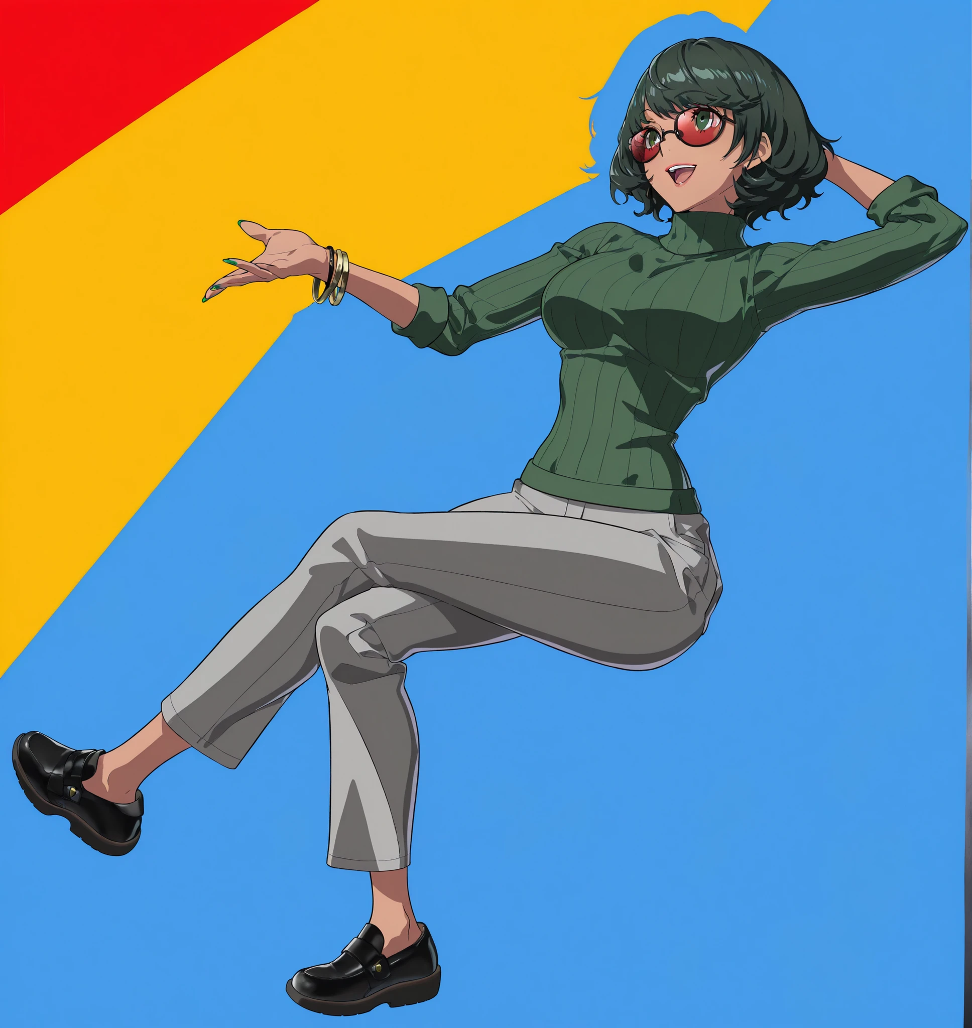 ((dark, dark theme, sidelighting)),green sweater,green nails,green eyes,dark green hair,((red light)),(original, persona,cel shading, anime coloring,curly hair),{artstyle: iwao178,nia4294,baffu,hitoyo,kameseru,zenless zone zero,professional artist,detailed anatomy},masterpiece, best quality,(mature woman,1girl,solo), (medium breasts),(narrow waist,slim body, tall body), (dynamic angle, looking to the side, full body, arm behind head,crossed legs,hand up,come hither,Outstretched hand,Reaching), (vibrant pop art, vivid colors, bold lines, expressive pose), colorful background, artistic lighting, brush texture, stylish contrast, vibrant strokes, bold shadow,red-tinted eyewear,lipstick,looking up, bare arms, bare hands,bracelet,sleeves_rolled_up,turtleneck sweater,ribbed sweater,red-tinted eyewear, grey pants, black shoes,tan,smile, open mouth,